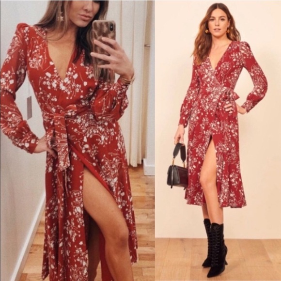 Reformation Susanna Wrap Red Floral Dress Bryce - Picture 8 of 10
